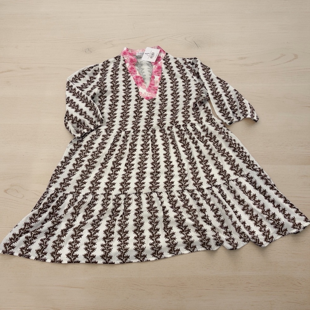 Lee Atler Womens Dress Large Pink Brown White Floral Abstract Knee Length NWT